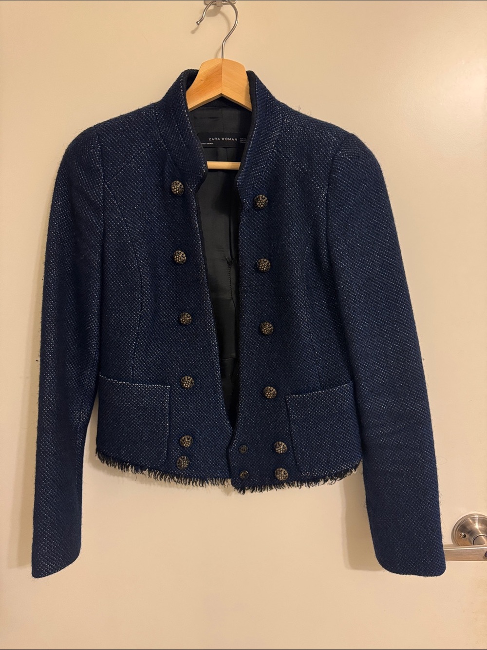 Zara Navy Tweed Double-Breasted Fringe Hem Jacket